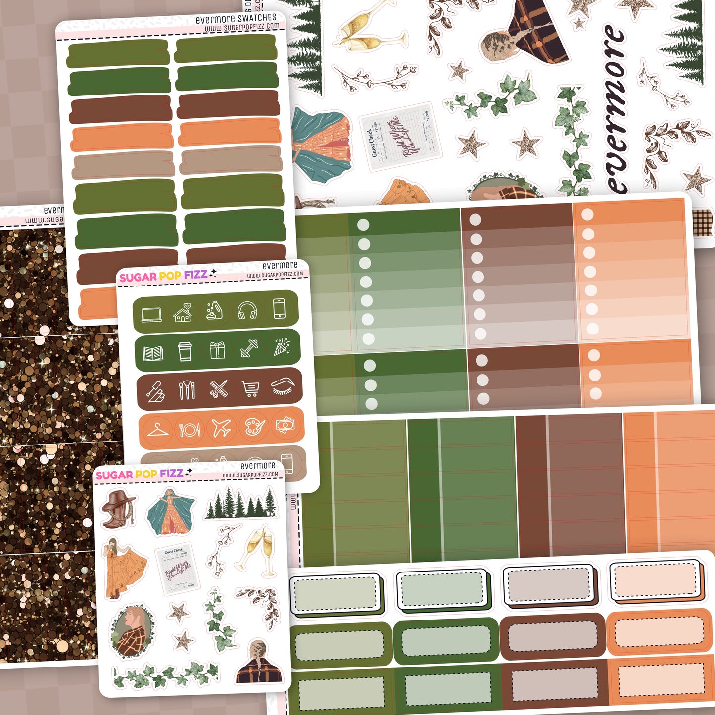 Collection of planner stickers with various designs and colors themed around taylor swift's evermore album for  standard vertical planners
