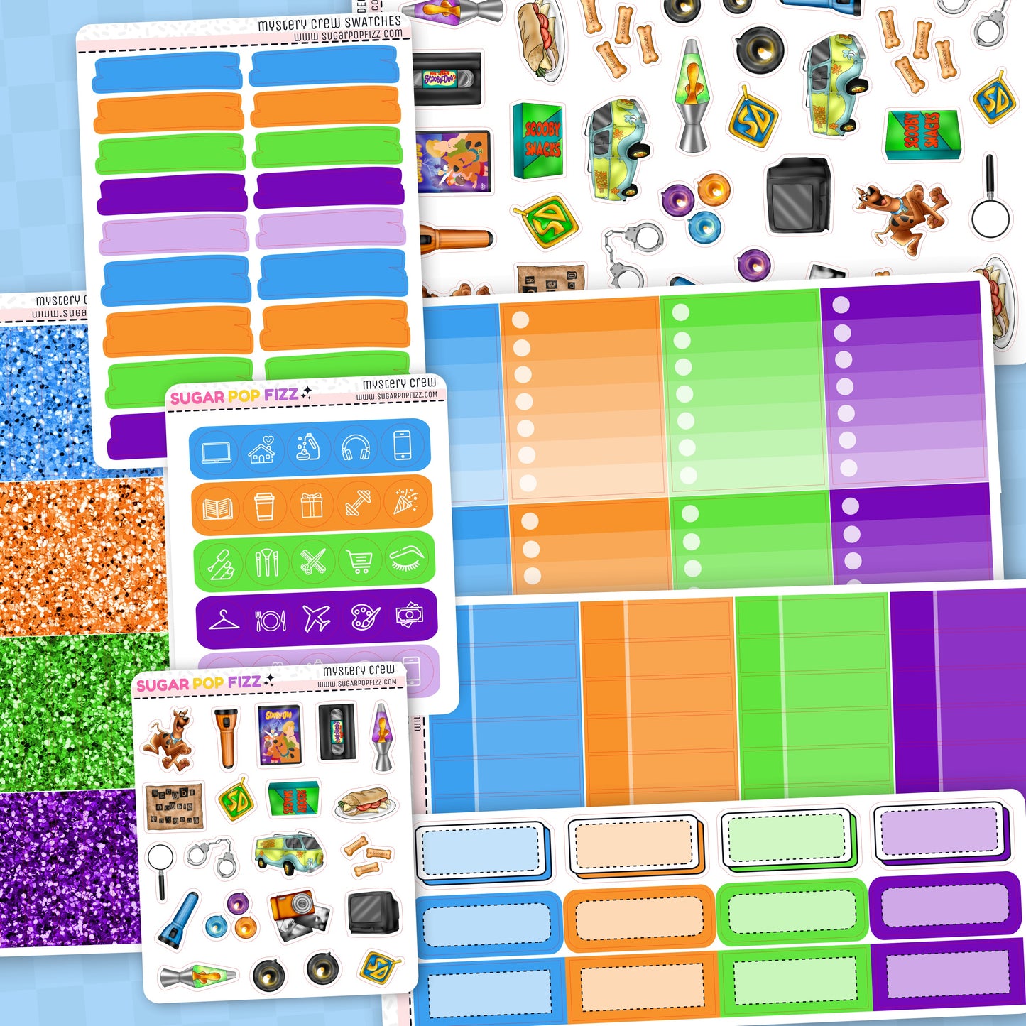 Collection of colorful planner stickers with various designs on a blue background