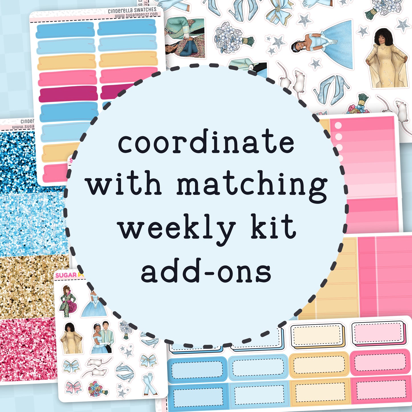 Collection of planner stickers with text 'coordinate with matching weekly kit add-ons' on a blue background.