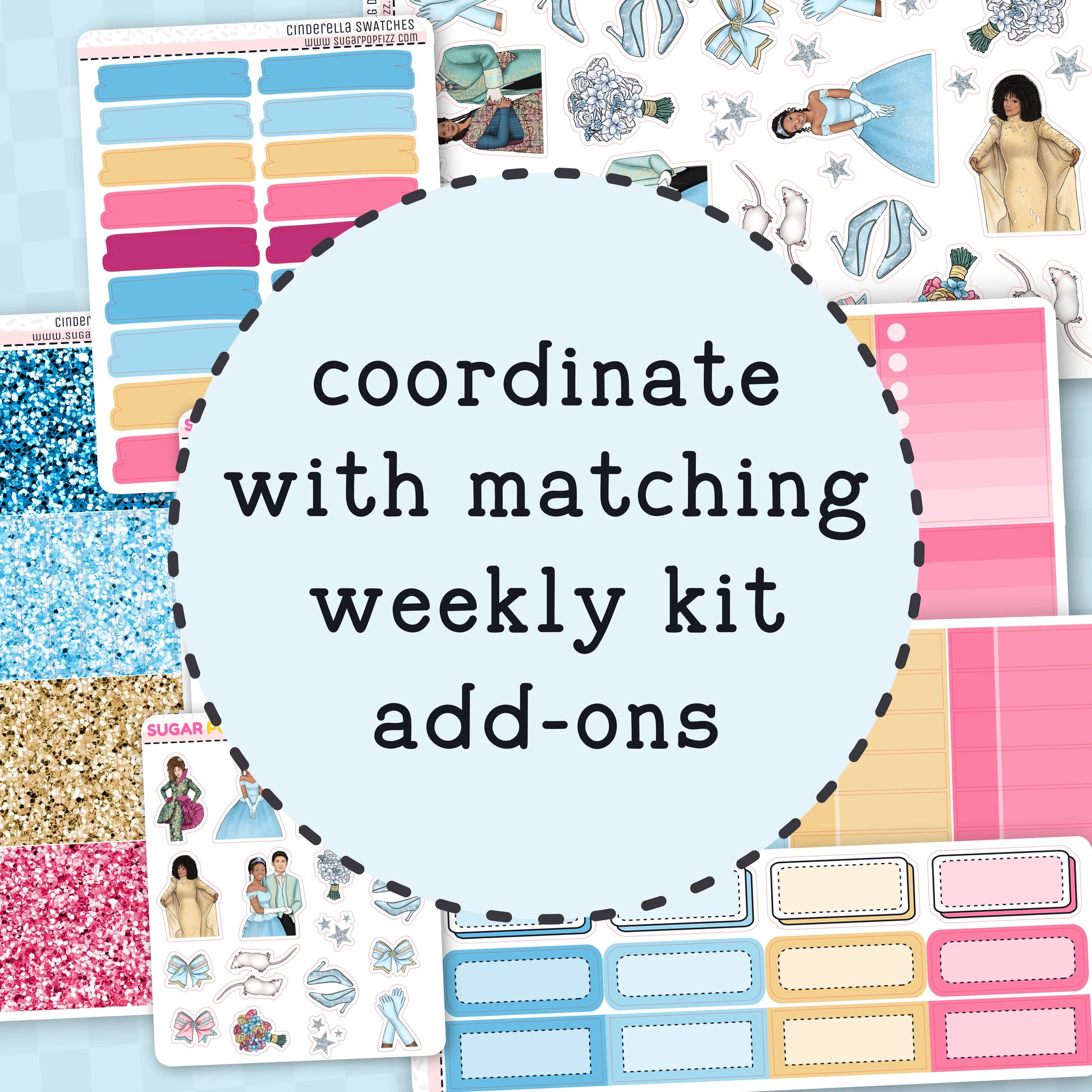 Collection of planner stickers with text 'coordinate with matching weekly kit add-ons' on a blue background.