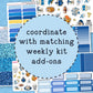 Collage of blue planner stickers with text 'coordinate with matching weekly kit add-ons' on a blue background.
