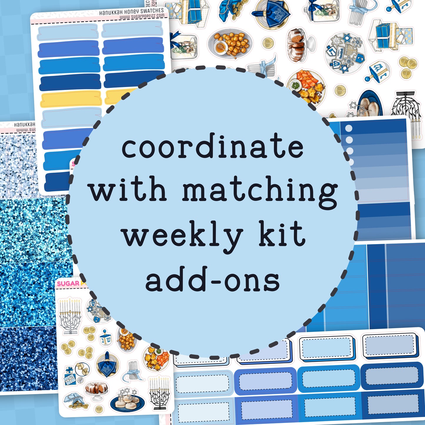 Collage of blue planner stickers with text 'coordinate with matching weekly kit add-ons' on a blue background.