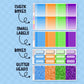 Colorful planner stickers with check boxes, small labels, boxes, and glitter heads on a blue background.