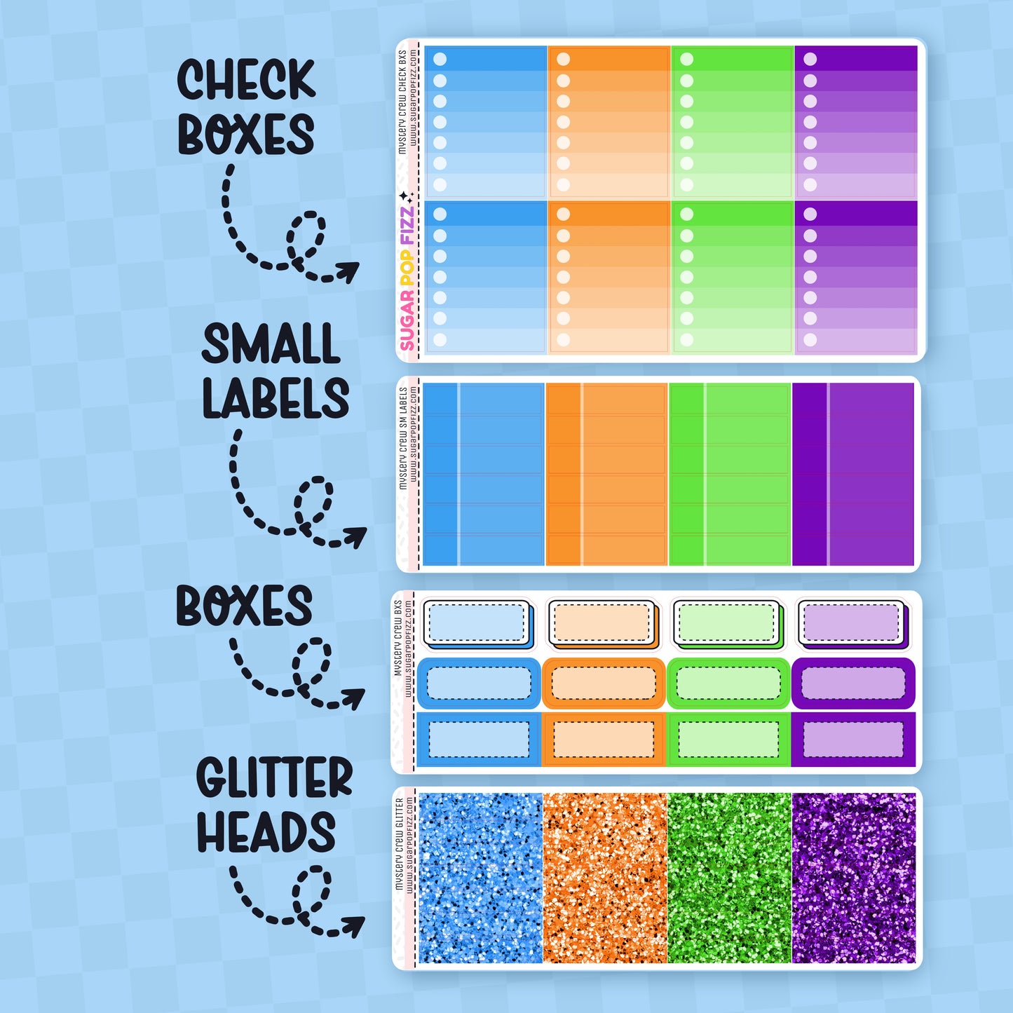 Colorful planner stickers with check boxes, small labels, boxes, and glitter heads on a blue background.