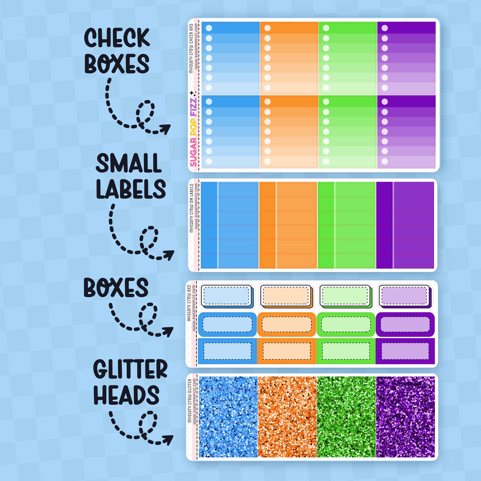 Colorful planner stickers with check boxes, small labels, boxes, and glitter heads on a blue background.