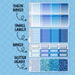 Collection of planner stickers including check boxes, small labels, boxes, and glitter heads on a blue background.