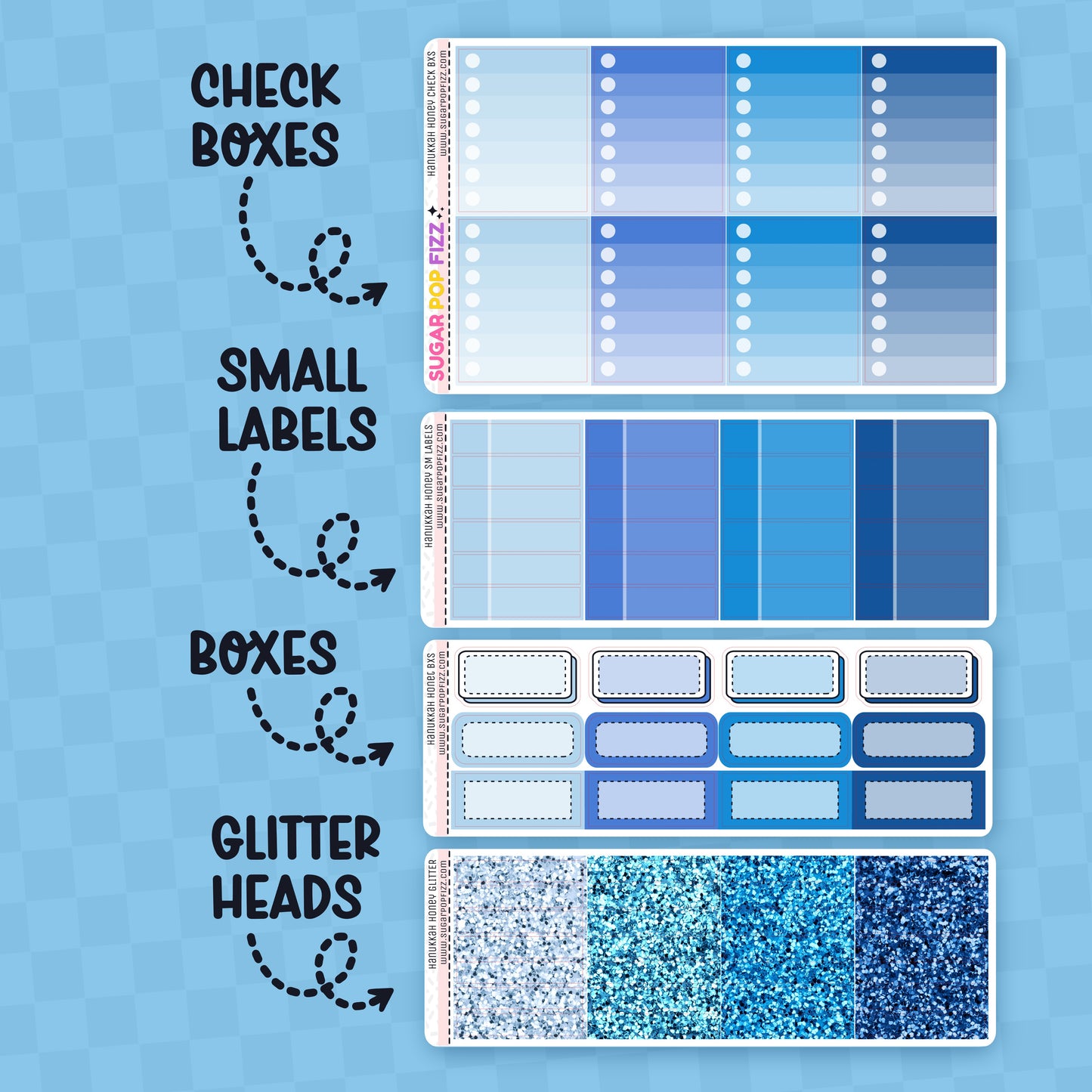 Collection of planner stickers including check boxes, small labels, boxes, and glitter heads on a blue background.