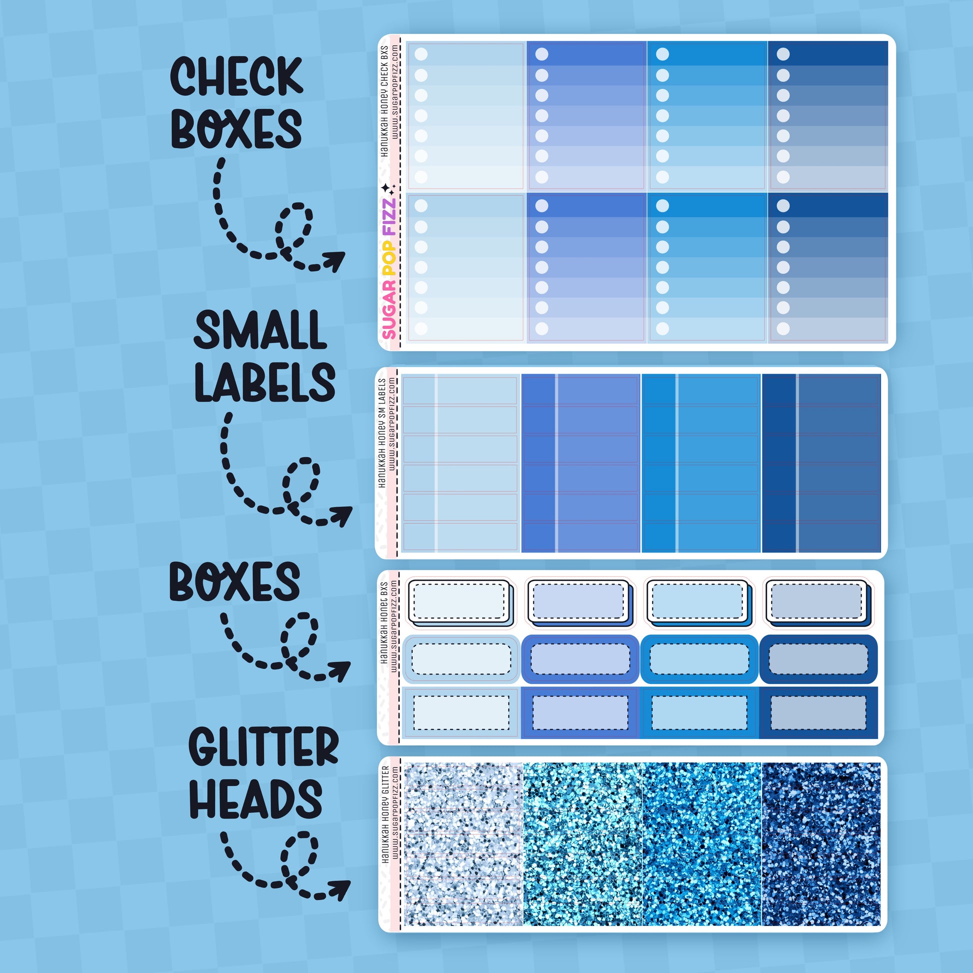 Collection of planner stickers including check boxes, small labels, boxes, and glitter heads on a blue background.