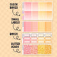 Set of planner stickers with check boxes, small labels, boxes, and glitter heads on a beige background.