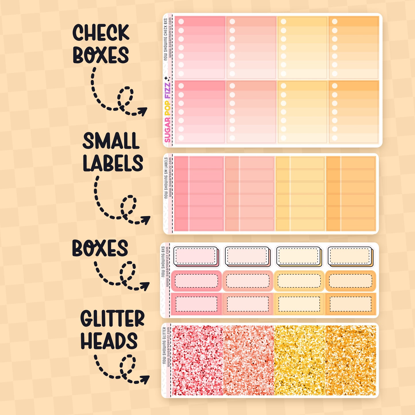 Set of planner stickers with check boxes, small labels, boxes, and glitter heads on a beige background.