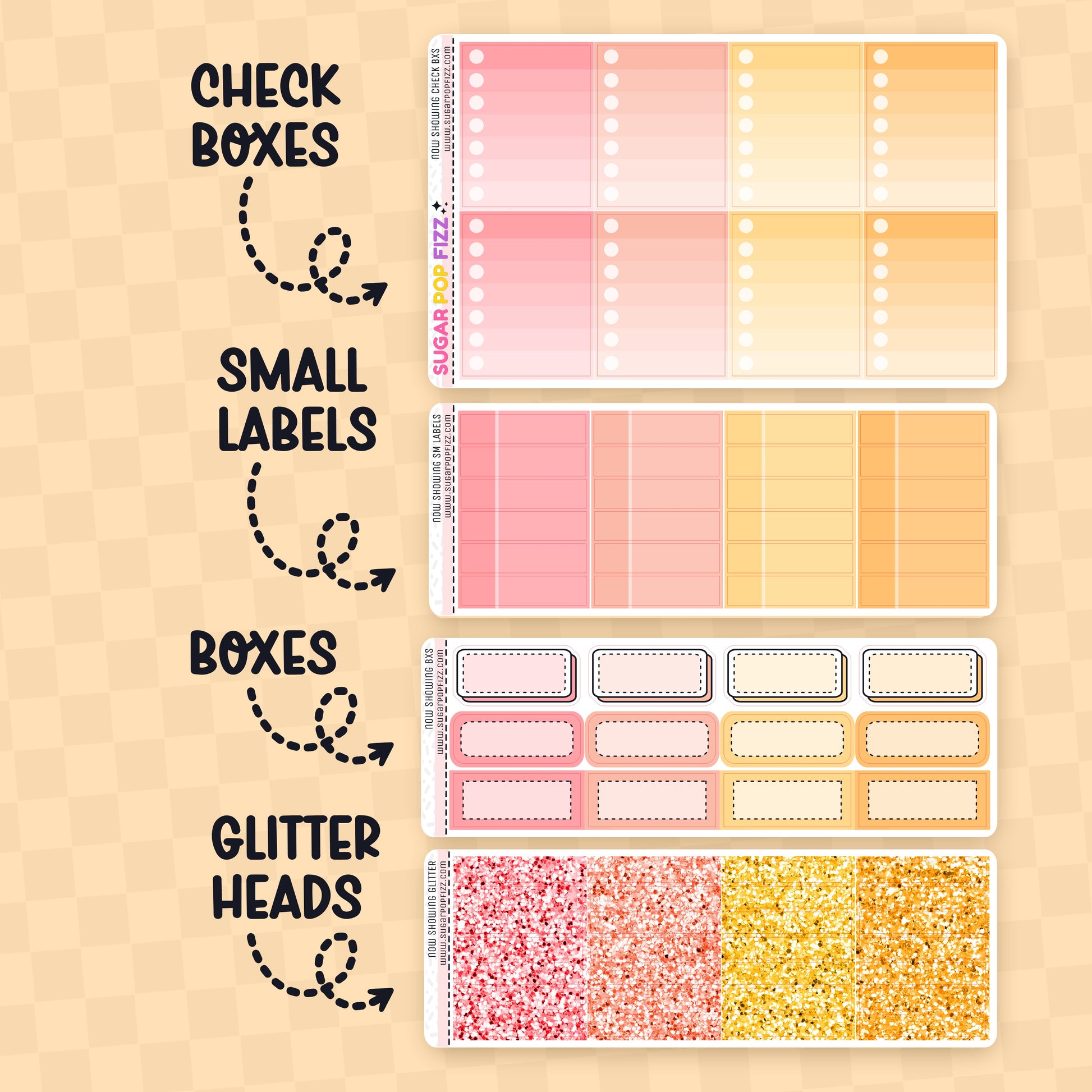 Set of planner stickers with check boxes, small labels, boxes, and glitter heads on a beige background.