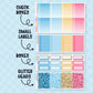 Collection of planner stickers with check boxes, small labels, boxes, and glitter headers on a brown background themed around the movie cinderella in blues, yellow and pink.