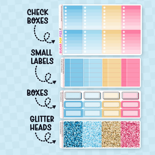 Collection of planner stickers with check boxes, small labels, boxes, and glitter headers on a brown background themed around the movie cinderella in blues, yellow and pink.