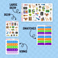 Collection of sticker sheets with labels for 'Large Deco', 'Swatches', and 'Icons' on a blue background.
