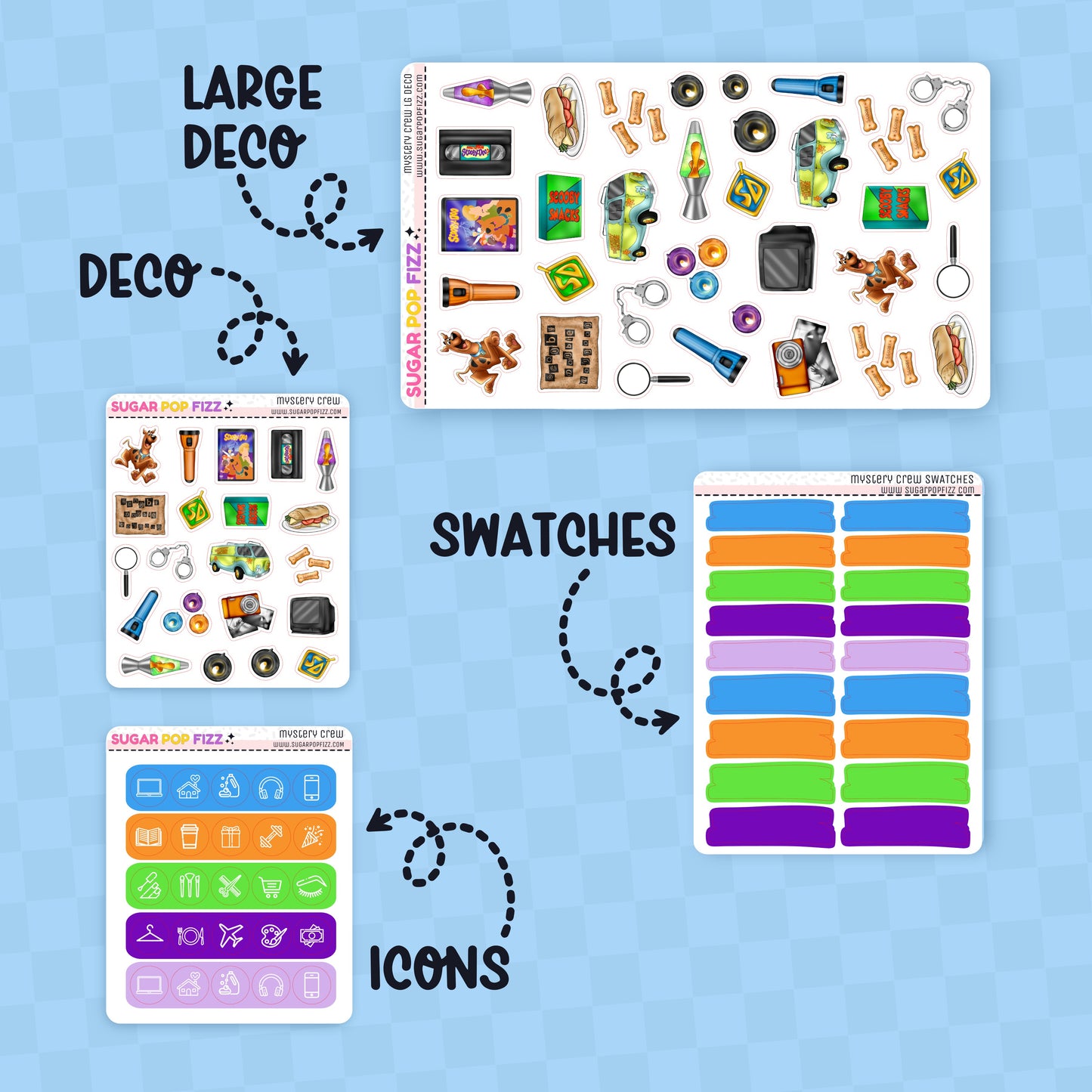 Collection of sticker sheets with labels for 'Large Deco', 'Swatches', and 'Icons' on a blue background.