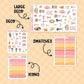 Collection of planner stickers with labels for large deco, swatches, and icons on a beige background.