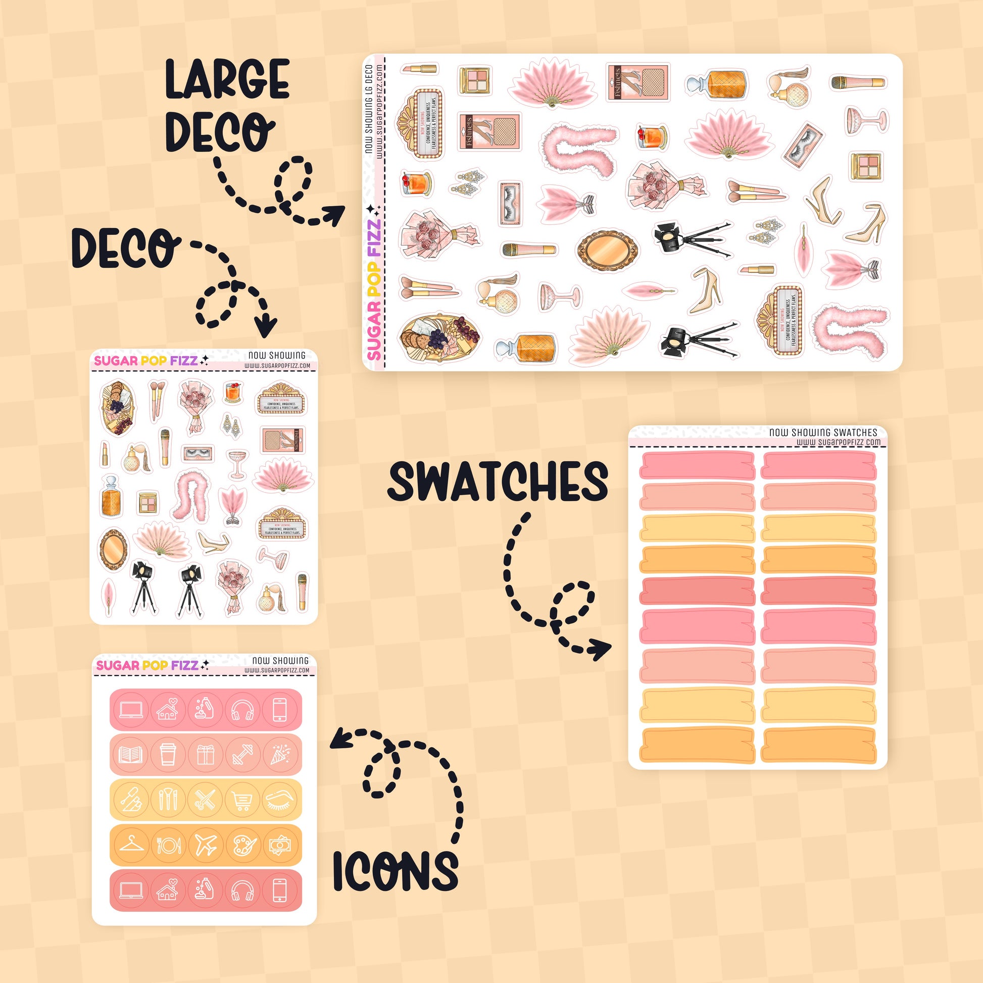 Collection of planner stickers with labels for large deco, swatches, and icons on a beige background.