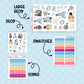 Collection of planner stickers with labels for large deco, deco, swatches, and icons on a brown background themed around the movie cinderella with brandy and whitney houston