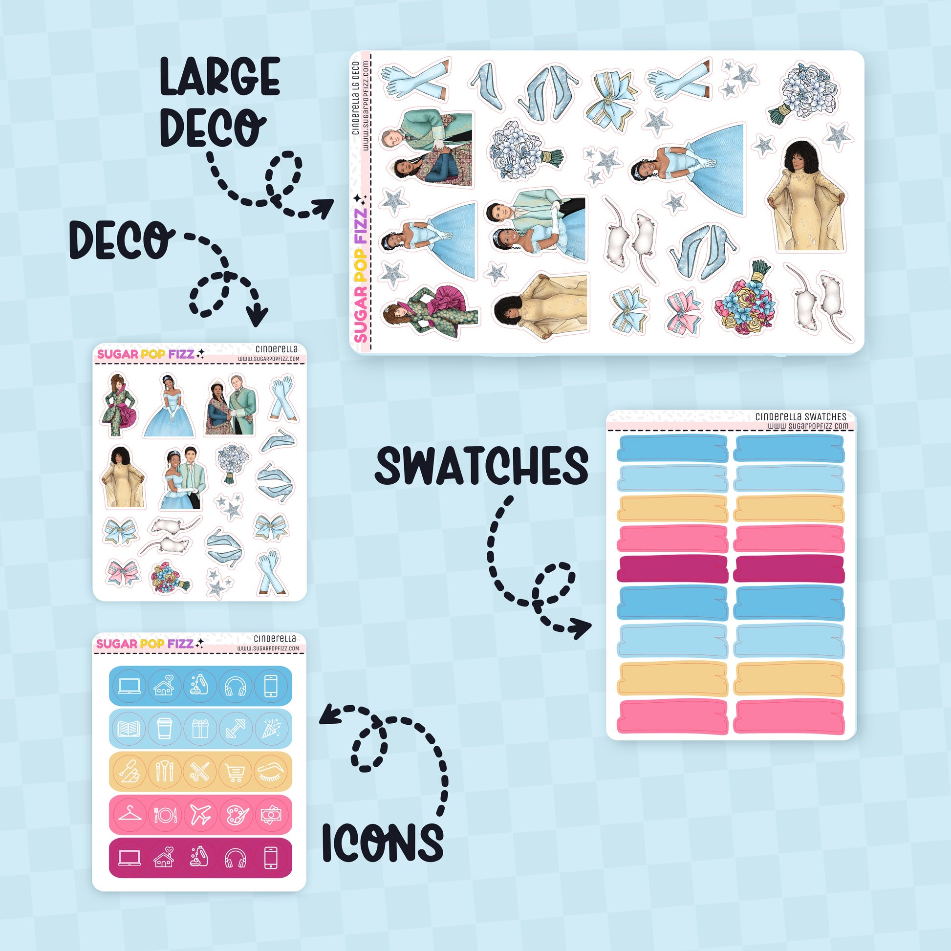 Collection of planner stickers with labels for large deco, deco, swatches, and icons on a brown background themed around the movie cinderella with brandy and whitney houston