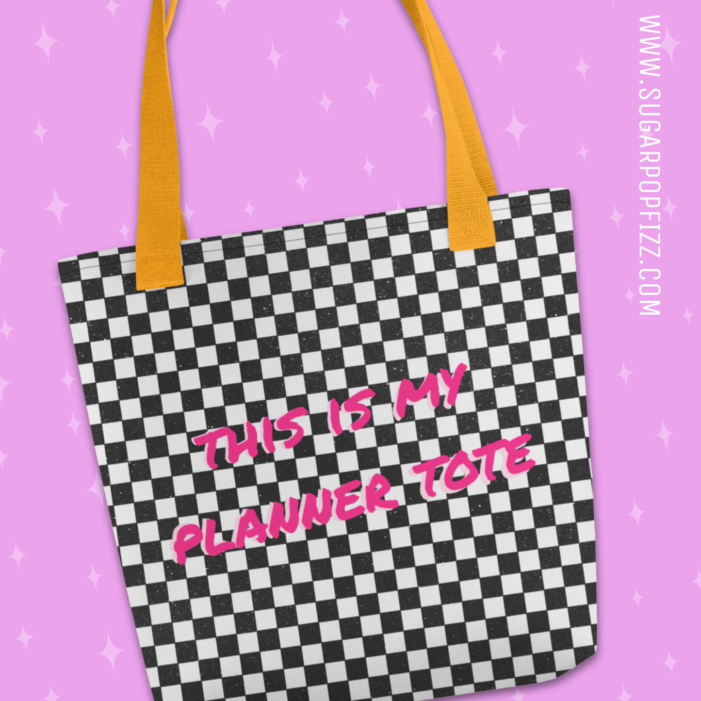 Checkered tote bag with 'This is my planner tote' text on a purple background