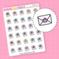 Sheet of planner stickers with various designs on a pink background, featuring the brand 'Sugar Pop Fizz'.