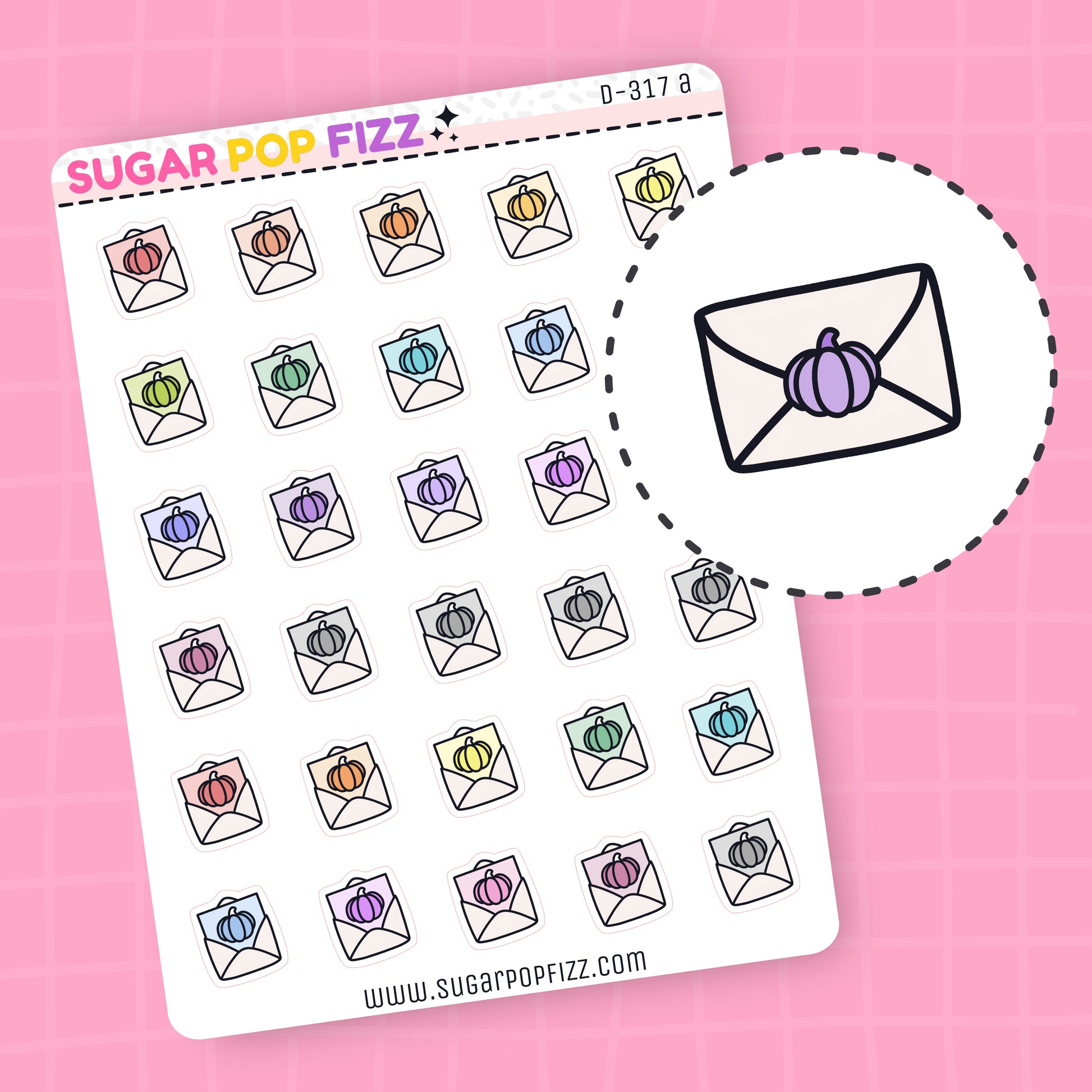 Sheet of planner stickers with various designs on a pink background, featuring the brand 'Sugar Pop Fizz'.