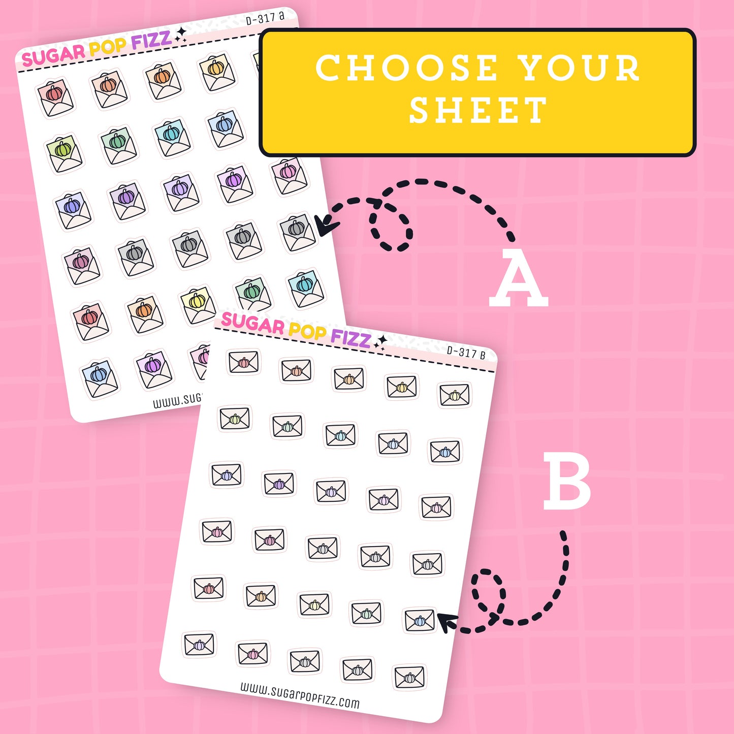 Two sheets of planner stickers labeled A and B on a pink background with 'Sugar Pop Fizz' branding.