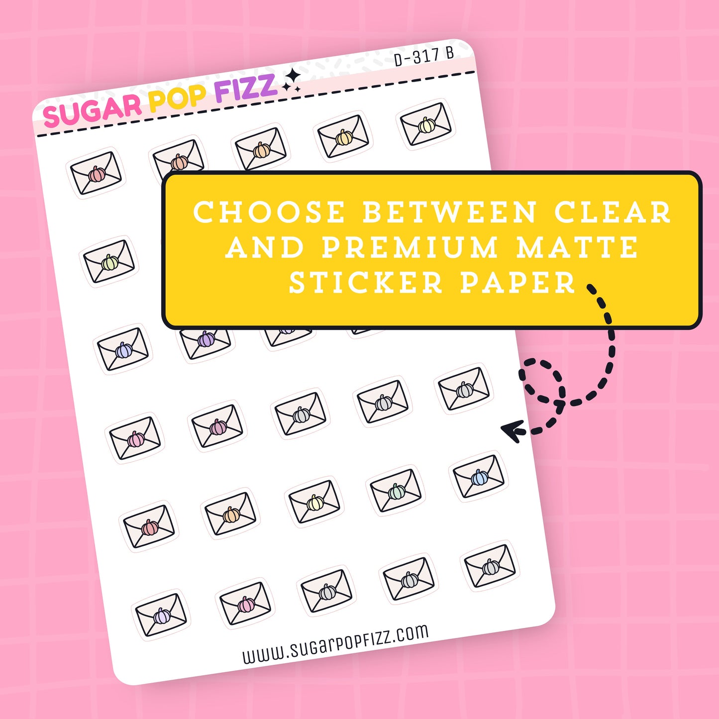 Two sheets of sticker paper with envelope designs on a pink background, featuring the brand 'Sugar Pop Fizz'.