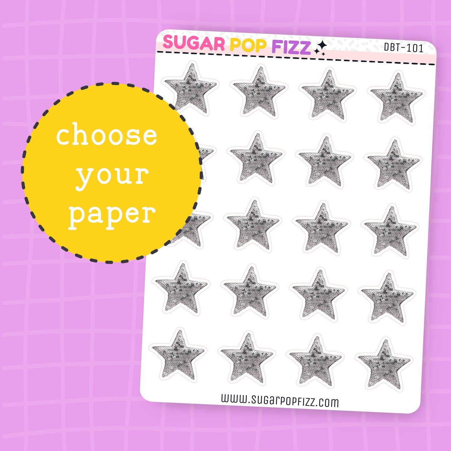 Sheet of star-shaped stickers by Sugar Pop Fizz on a purple grid background with a yellow circle and text.