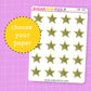 Sheet of gold star stickers with 'Sugar Pop Fizz' branding on a purple grid background.