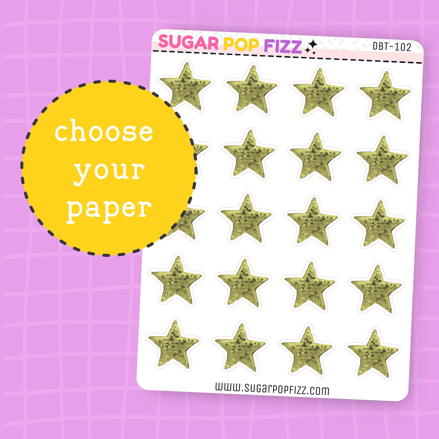 Sheet of gold star stickers with 'Sugar Pop Fizz' branding on a purple grid background.