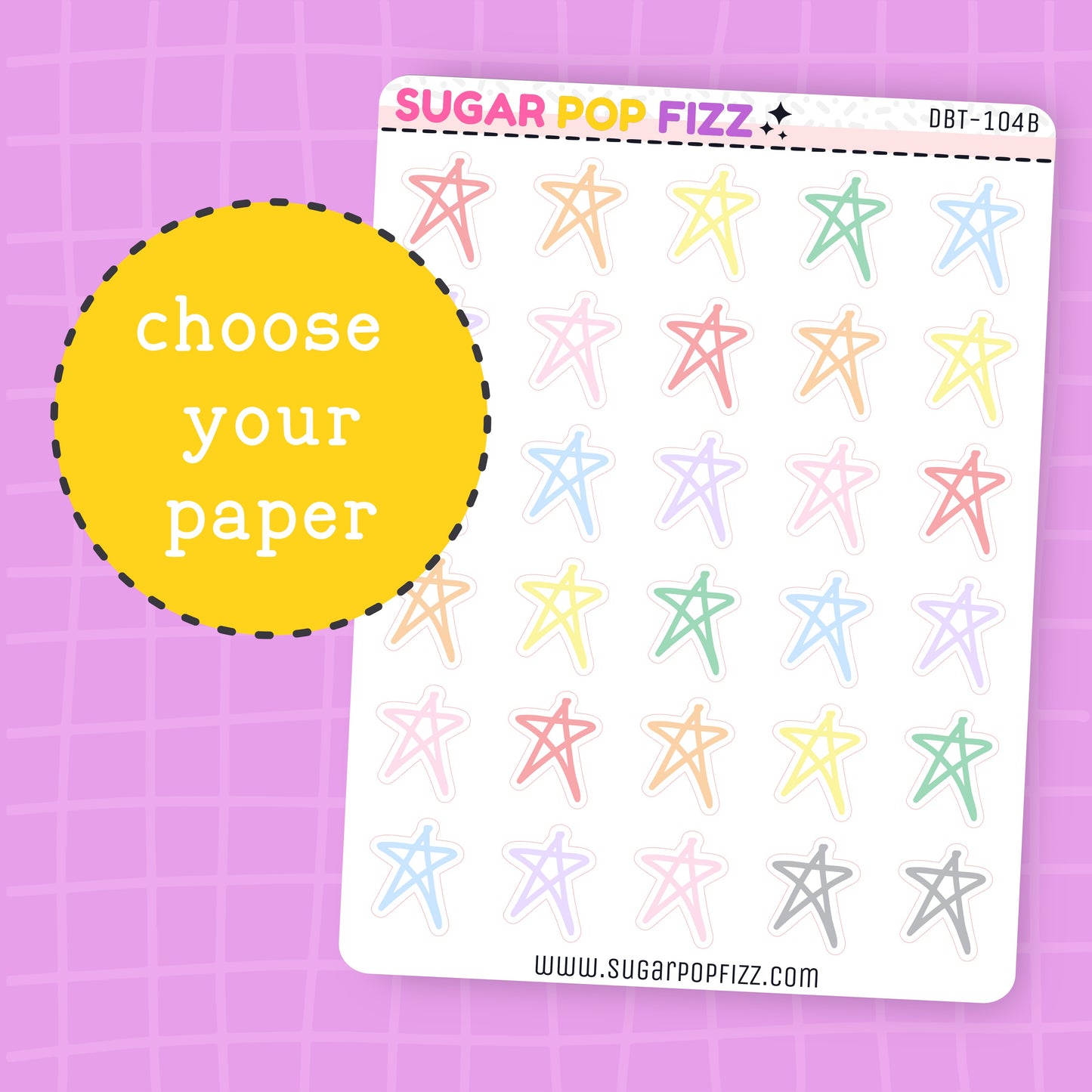 Sheet of star-shaped stickers by Sugar Pop Fizz on a purple background with a yellow circle and text.