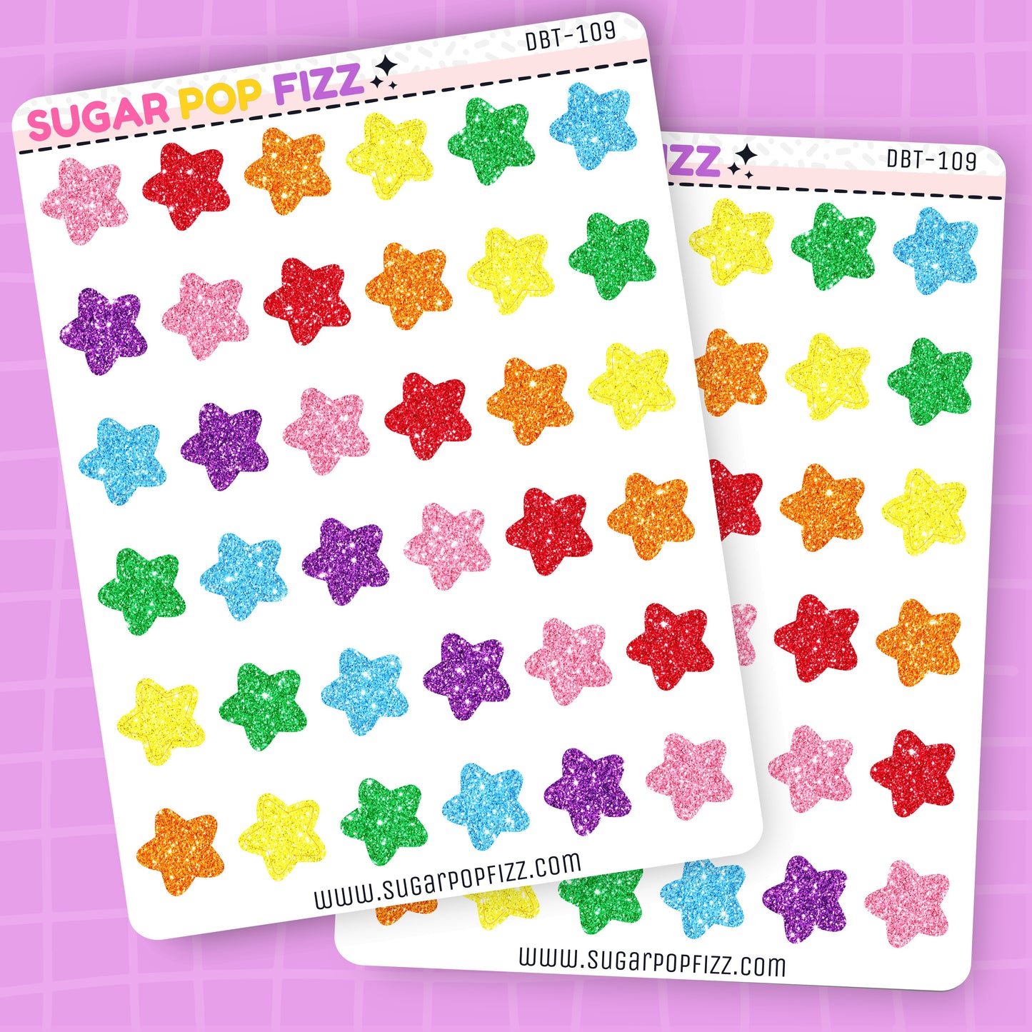 Two sheets of colorful star-shaped stickers by Sugar Pop Fizz on a purple background.