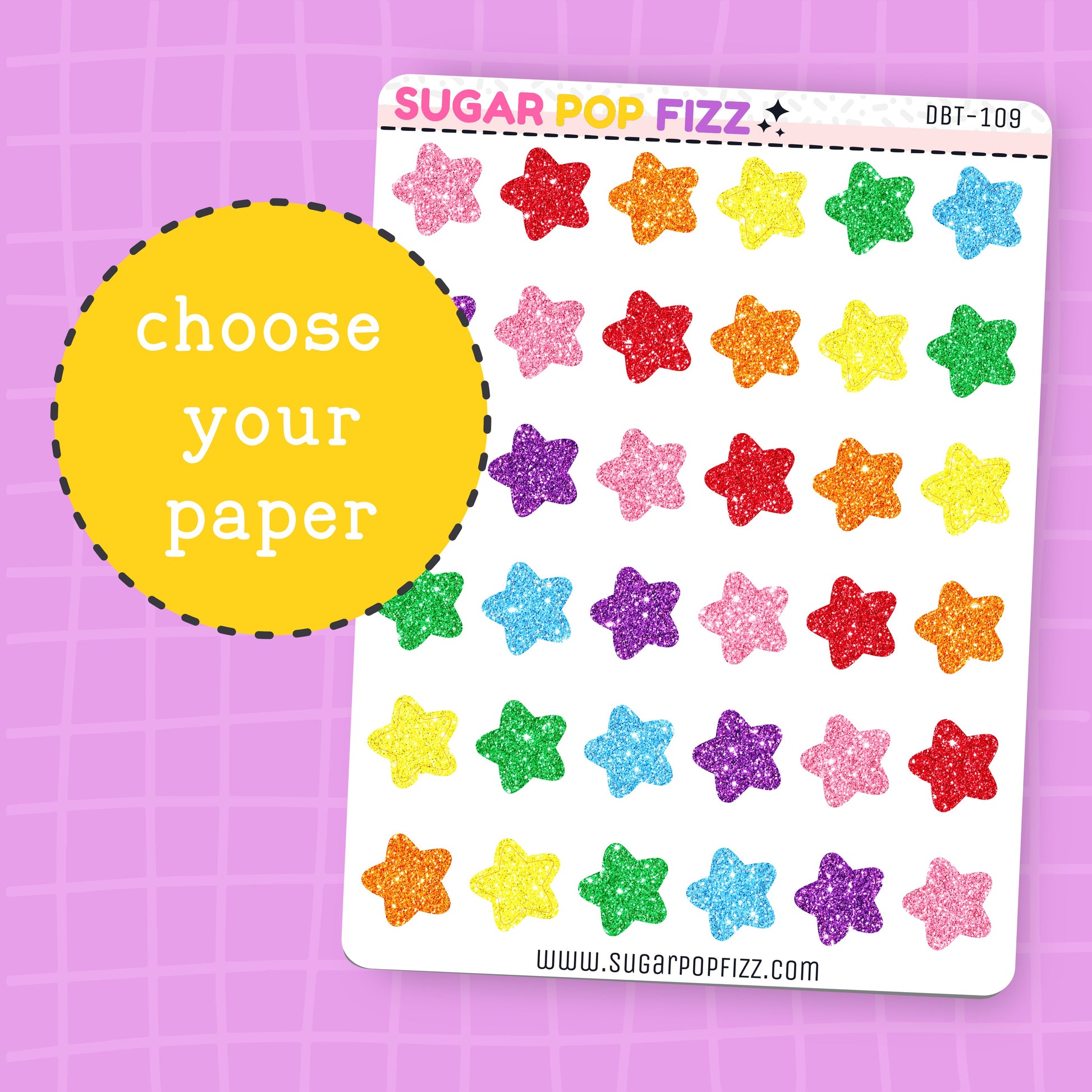 Sheet of colorful star-shaped stickers with a purple grid background and 'Sugar Pop Fizz' branding.