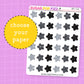Sheet of star-shaped stickers in black and silver on a purple grid background with 'Sugar Pop Fizz' branding.