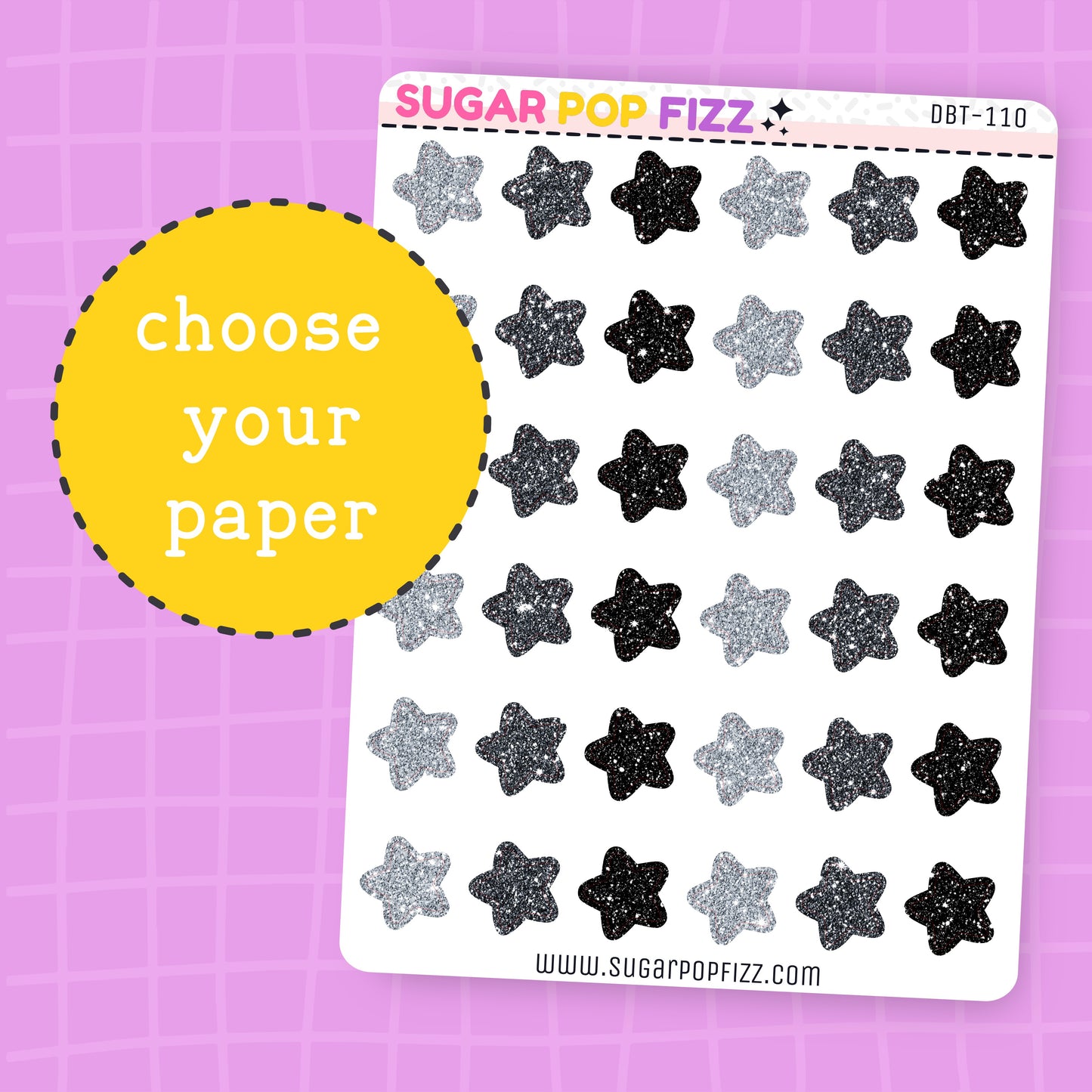 Sheet of star-shaped stickers in black and silver on a purple grid background with 'Sugar Pop Fizz' branding.