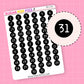 Sheet of black circular stickers with numbers one to thirty one in a typewriter font on a white sticker sheet on a pink background, featuring the brand 'Sugar Pop Fizz'.
