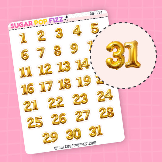 Sheet of gold metallic balloon number stickers one to thirty one with a close-up of number 31 on a pink background, featuring the brand 'SUGAR POP FIZZ'.