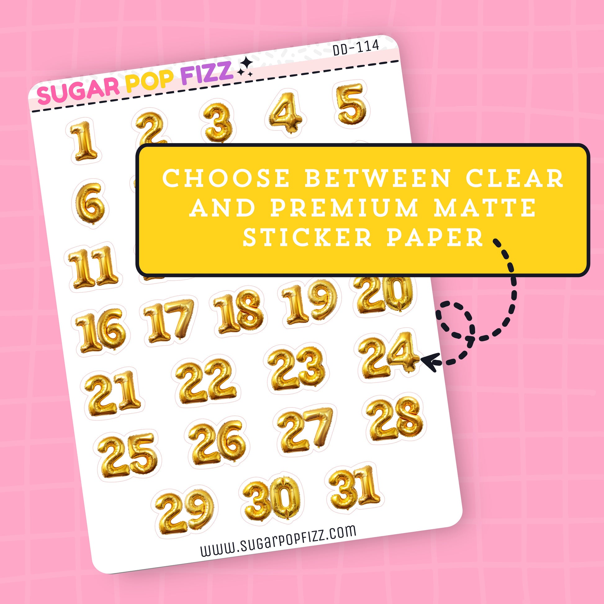 Gold balloon numbers on a sticker sheet with text that states "choose between clear and premium matte paper".