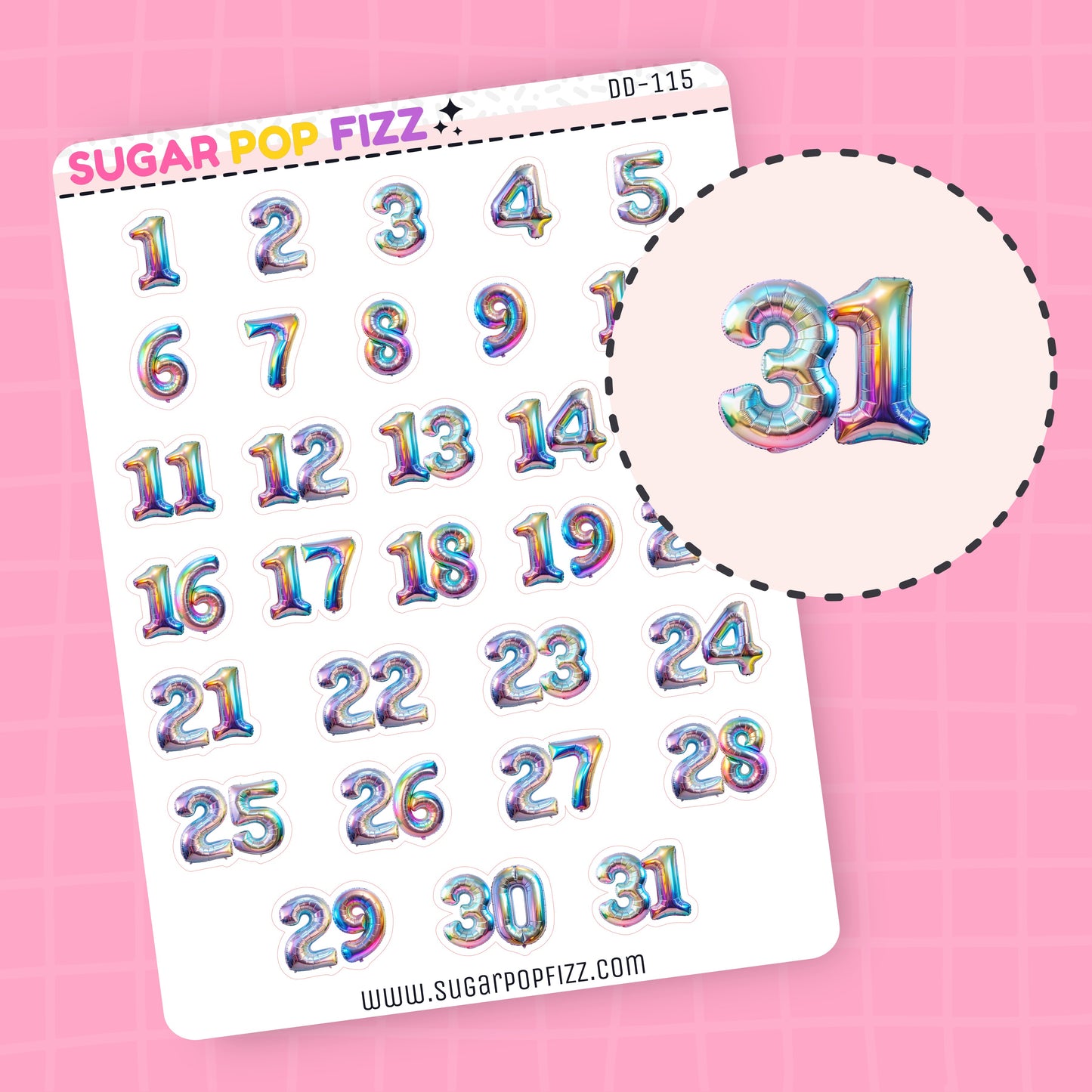 Sheet of rainbow metallic balloon number stickers one to thirty one with a close-up of number 31 on a pink background.