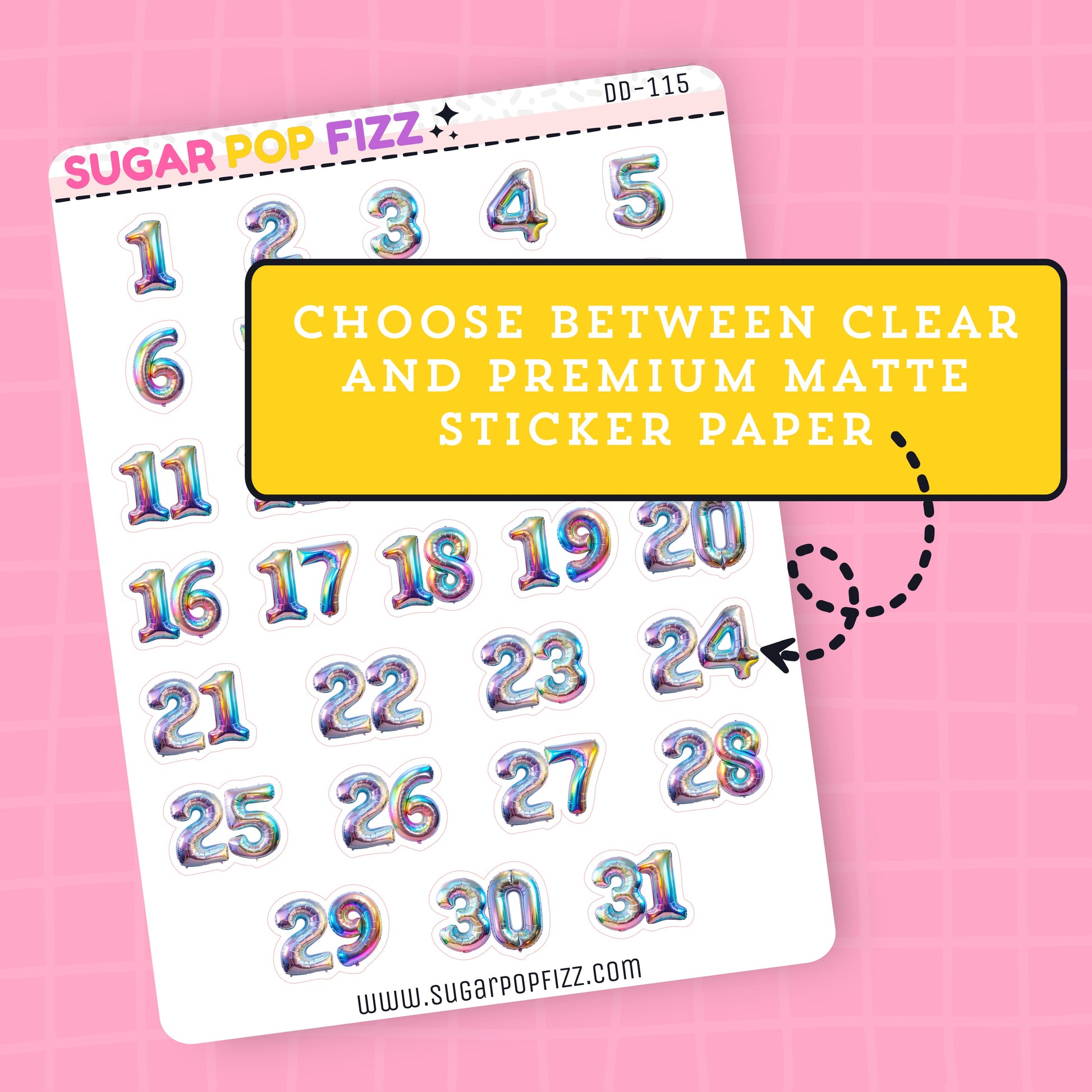 Colorful number stickers on a white card with text that states "choose between clear and premium matte paper". on a pink background.