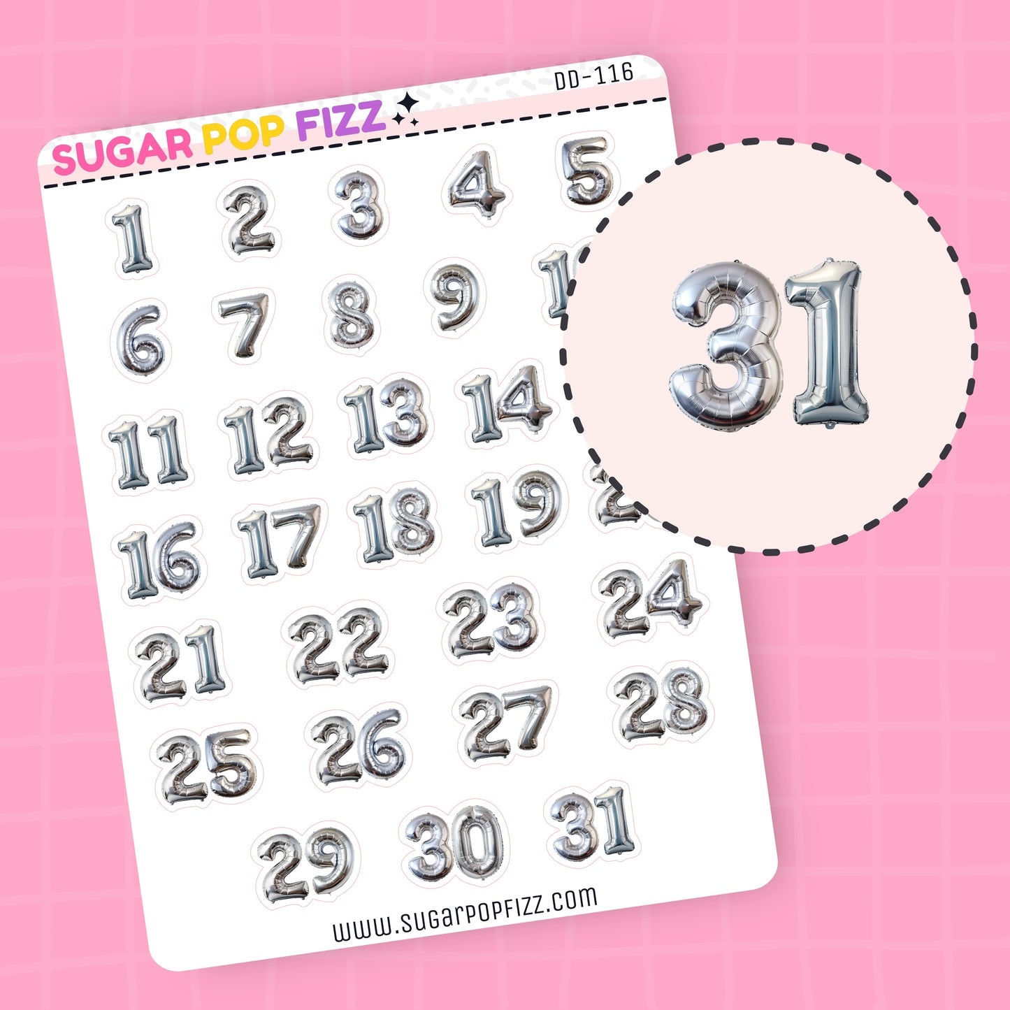 Sheet of silver metallic balloon number stickers one to thirty one on a ink background.