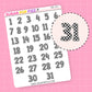 Sticker sheet with numbers 1 to 31 on a pink background. Numbers have a black and white checkered pattern.