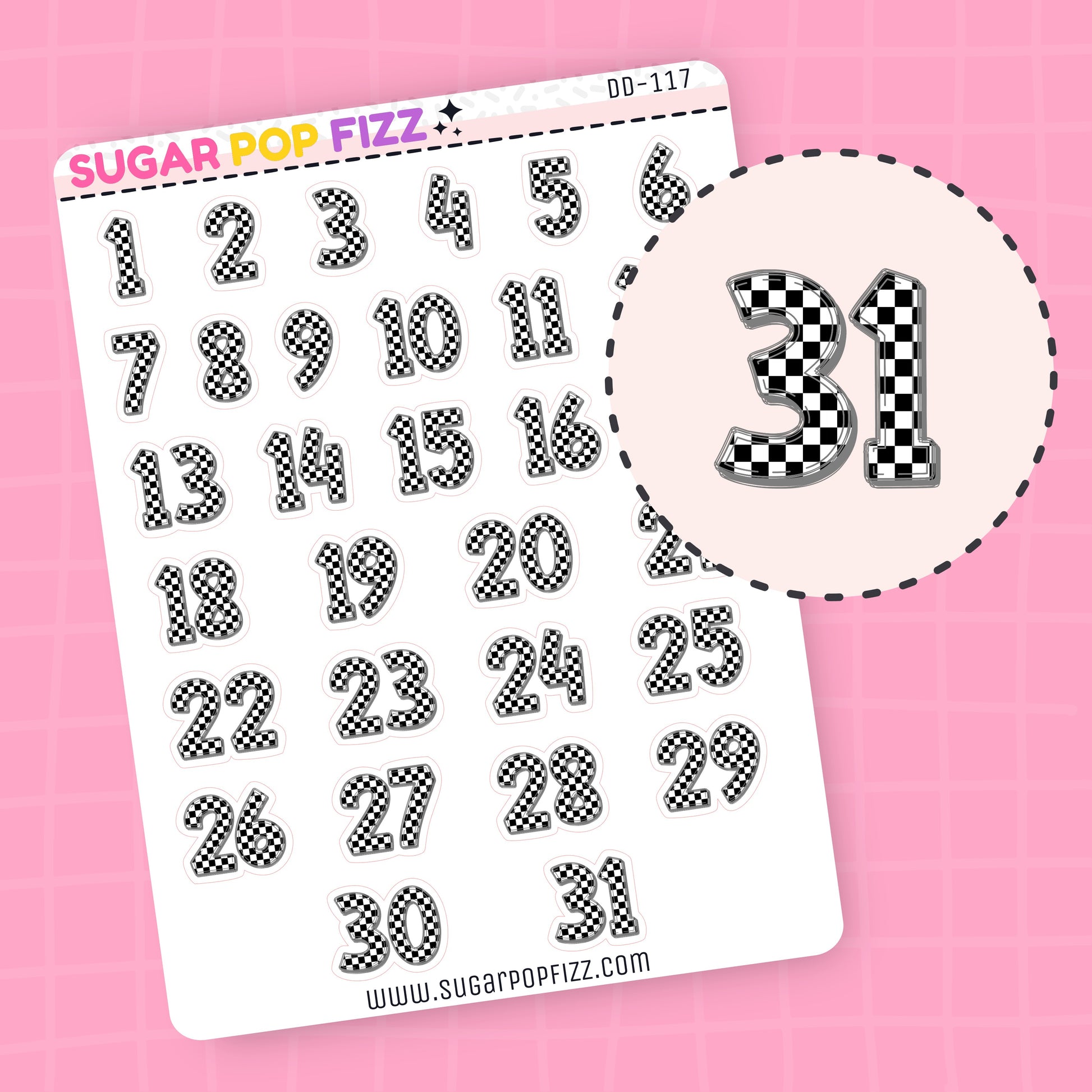 Sticker sheet with numbers 1 to 31 on a pink background. Numbers have a black and white checkered pattern.