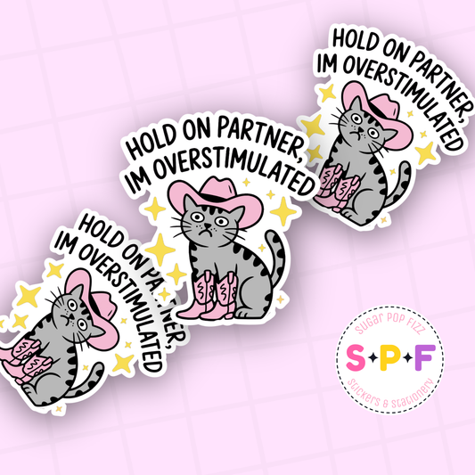 Sticker with a cat wearing a cowboy hat and text 'Hold on partner, I'm overstimulated' on a pink background.