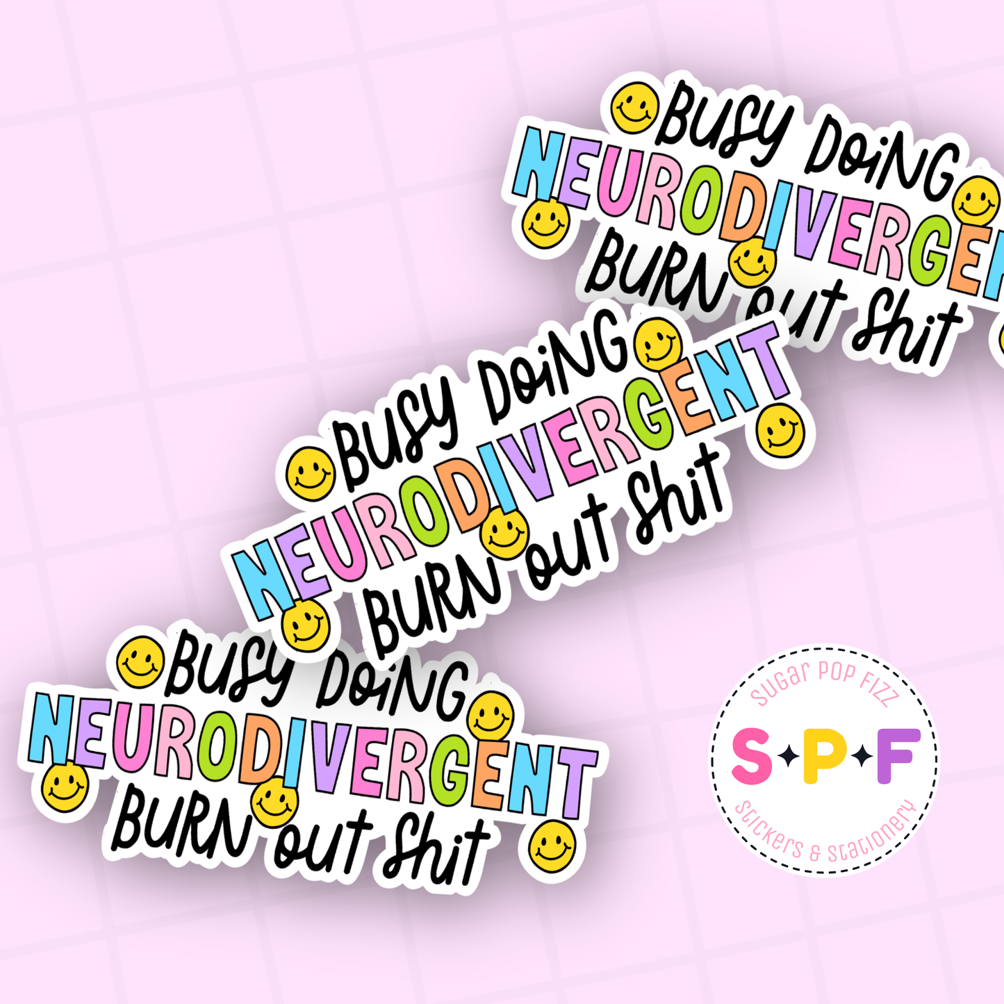Colorful text stickers with smiley faces on a pink background, featuring the brand 'SPP'.