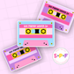 Three cassette tape-themed planner stickers on a pink background with 'S+PF' logo.