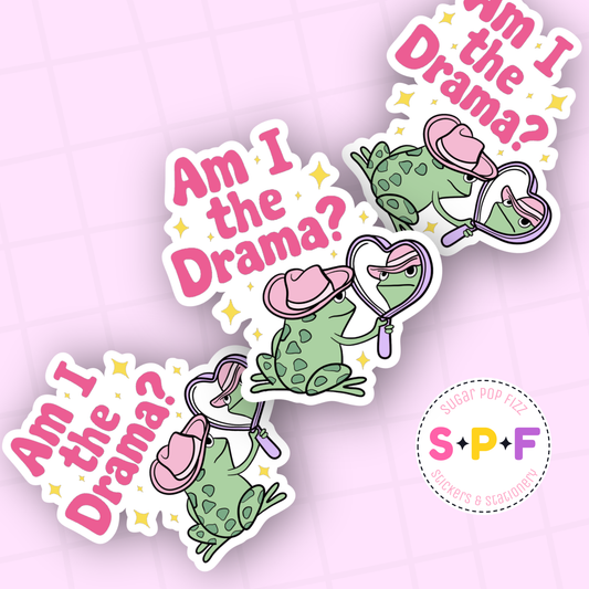 Sticker set with frog characters and 'Am I the Drama?' text on a pink background
