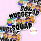 Cartoon characters in Halloween costumes with text 'Nugget Squad' on a pink background.