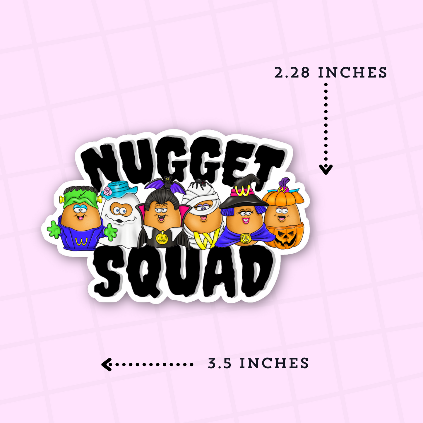 Sticker with 'Nugget Squad' design on a pink background